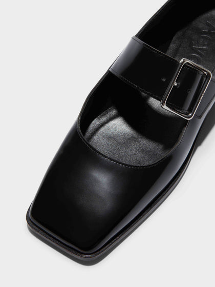 Aeyde | Sunny Leather Mary-Jane Flats Leather Flats for Women | Black Polido | Square Toe | Flat Heel | Luxury Materials | Handmade in Italy