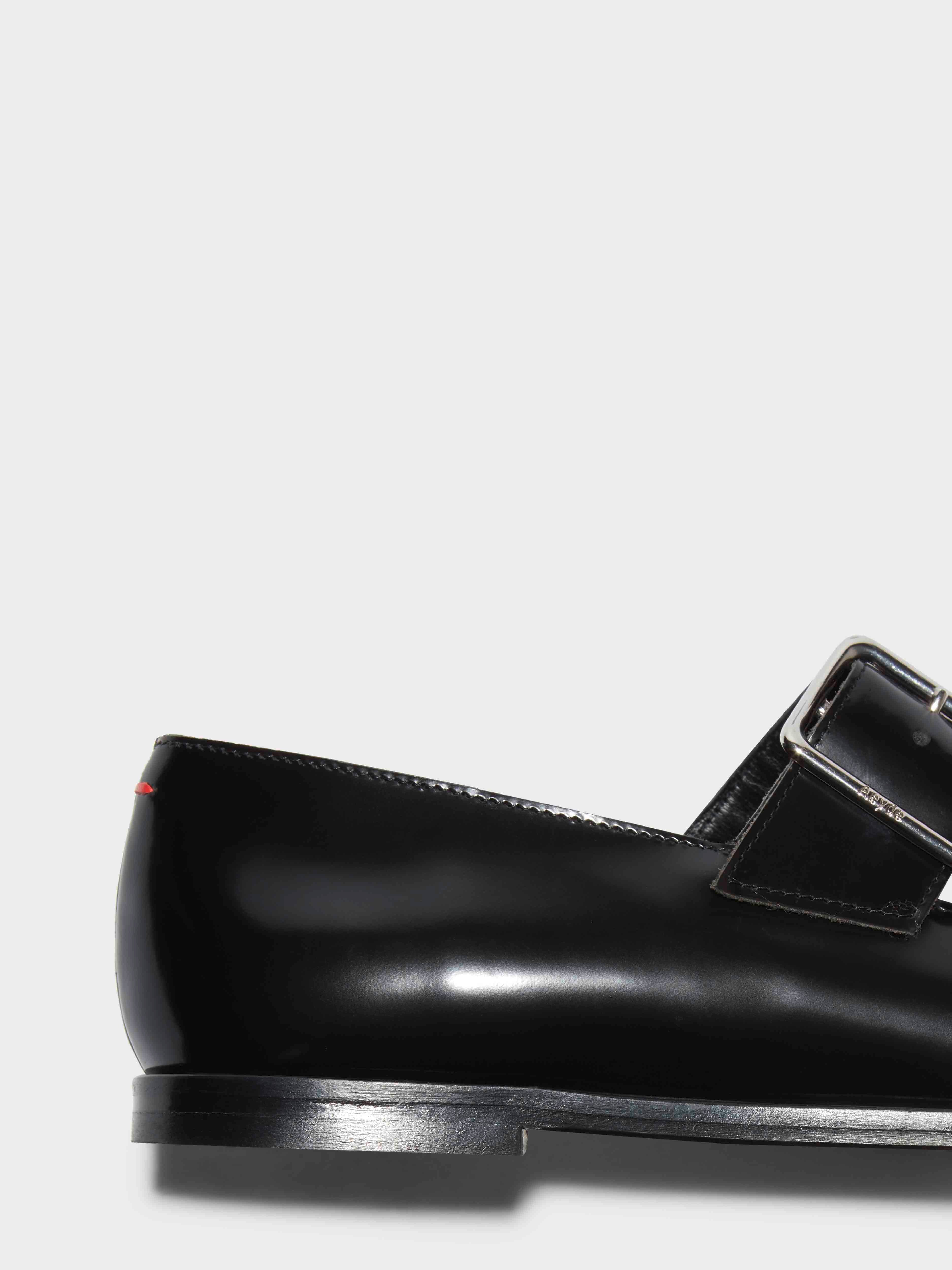 Aeyde | Sunny Leather Mary-Jane Flats Leather Flats for Women | Black Polido | Square Toe | Flat Heel | Heel Details