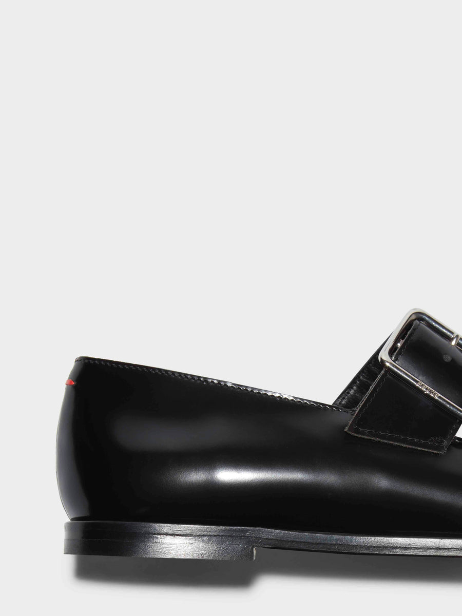 Aeyde | Sunny Leather Mary-Jane Flats Leather Flats for Women | Black Polido | Square Toe | Flat Heel | Heel Details
