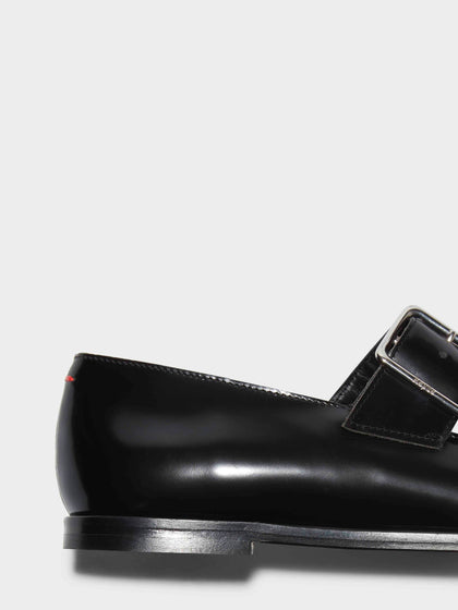 Aeyde | Sunny Leather Mary-Jane Flats Leather Flats for Women | Black Polido | Square Toe | Flat Heel | Heel Details