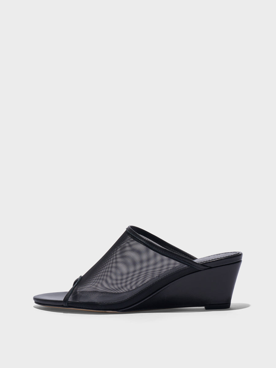 Aeyde | Suzanne Leather Heeled Sandals for Women | Black Mesh/Nappa | Round Toe | Mid Heel | Side View