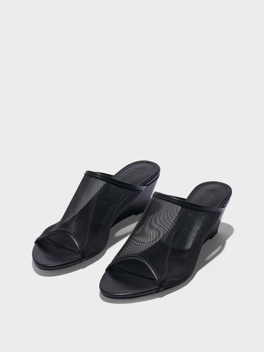 Aeyde | Suzanne Leather Heeled Sandals for Women | Black Mesh/Nappa | Round Toe | Mid Heel | Luxury Materials | Handmade in Italy