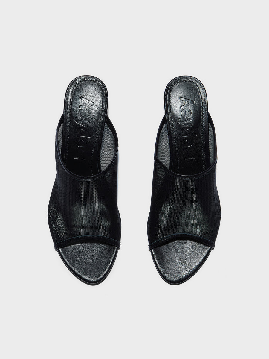 Aeyde | Suzanne Leather Heeled Sandals for Women | Black Mesh/Nappa | Round Toe | Mid Heel | Front View