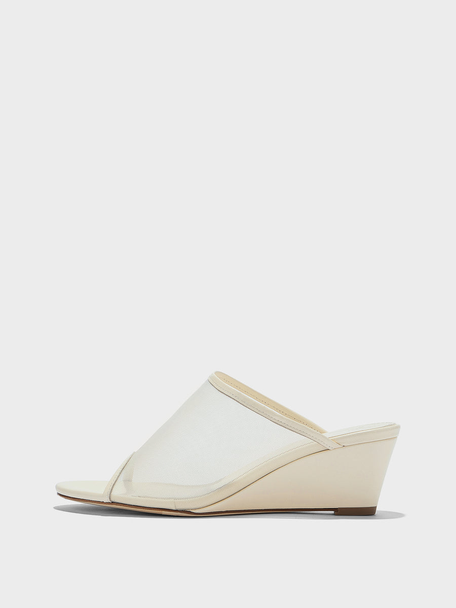 Aeyde | Suzanne Leather Heeled Sandals for Women | Creamy Mesh/Nappa | Round Toe | Mid Heel | Side View
