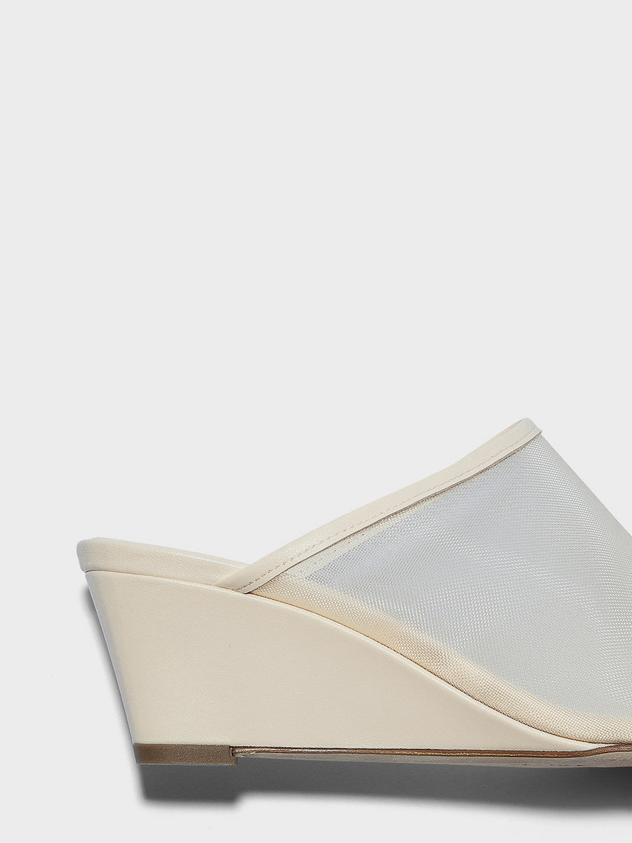 Aeyde | Suzanne Leather Heeled Sandals for Women | Creamy Mesh/Nappa | Round Toe | Mid Heel | Front View