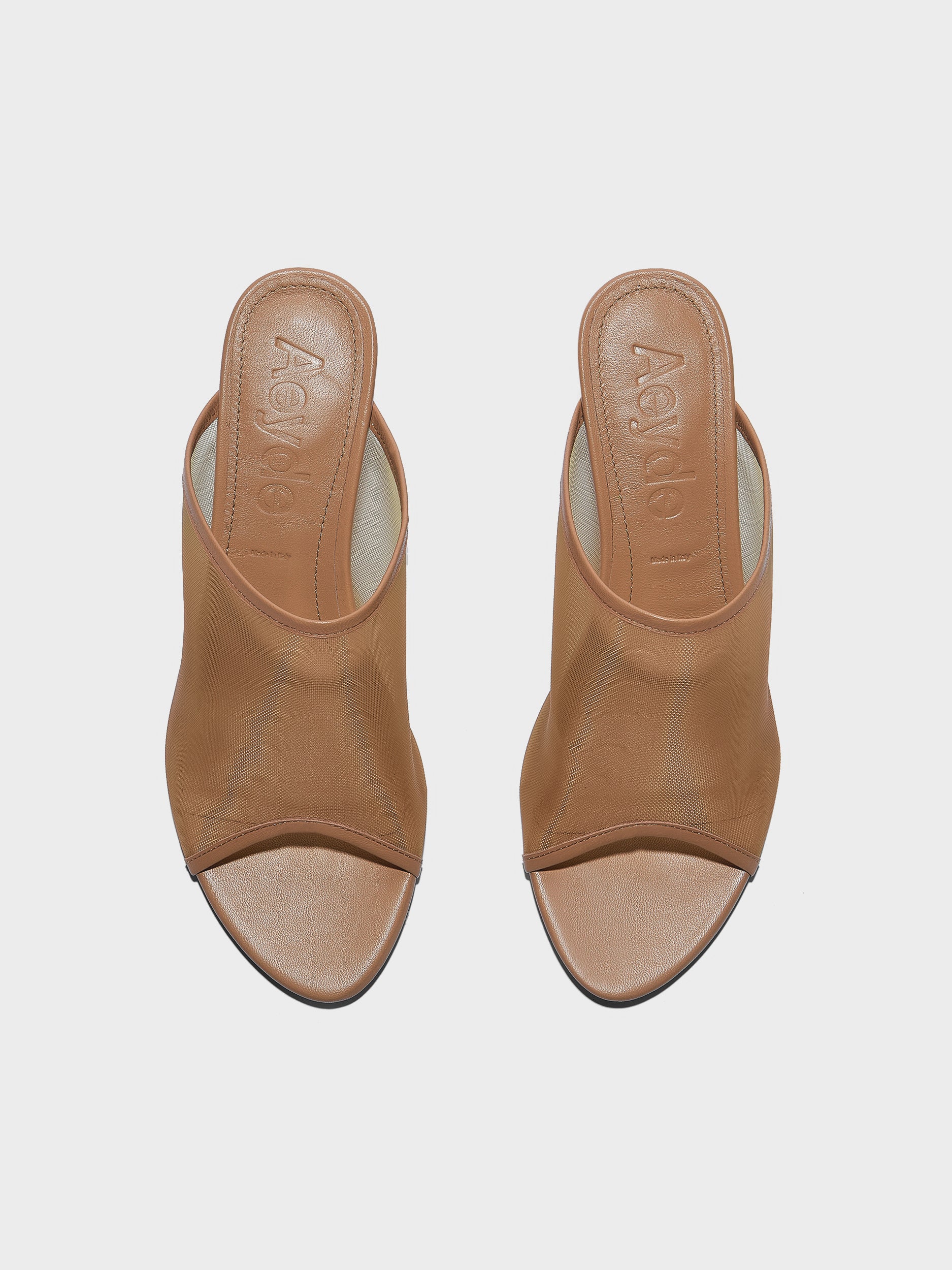 Aeyde | Suzanne Leather Heeled Sandals for Women | Hazelnut Mesh/Nappa | Round Toe | Mid Heel | Front View