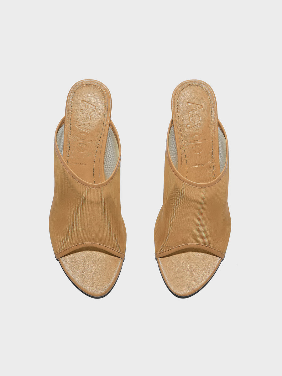 Aeyde | Suzanne Leather Heeled Sandals for Women | Hazelnut Mesh/Nappa | Round Toe | Mid Heel | Front View