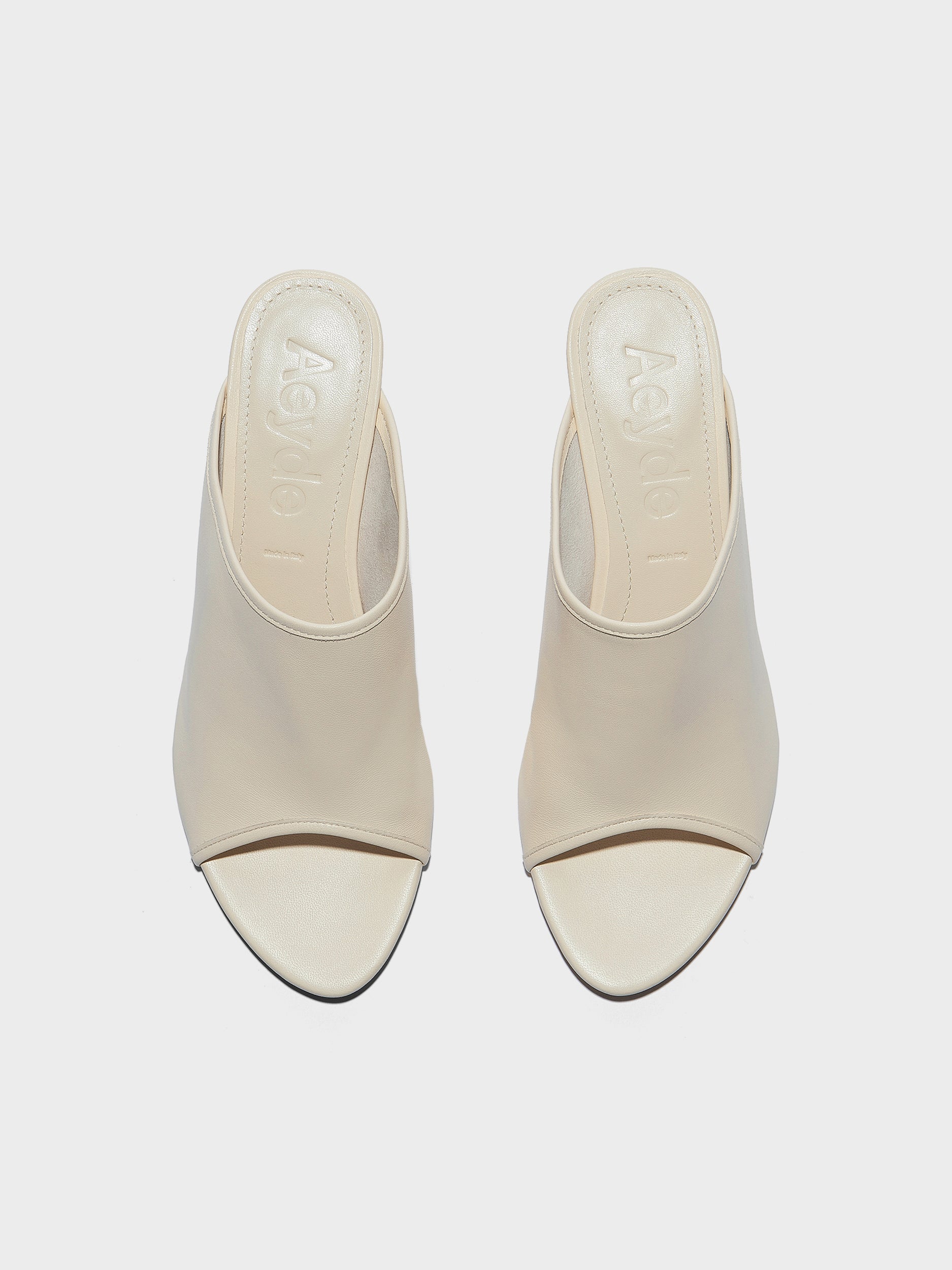 Aeyde | Suzanne Leather Heeled Sandals for Women | Creamy Nappa | Round Toe | Mid Heel | Front View