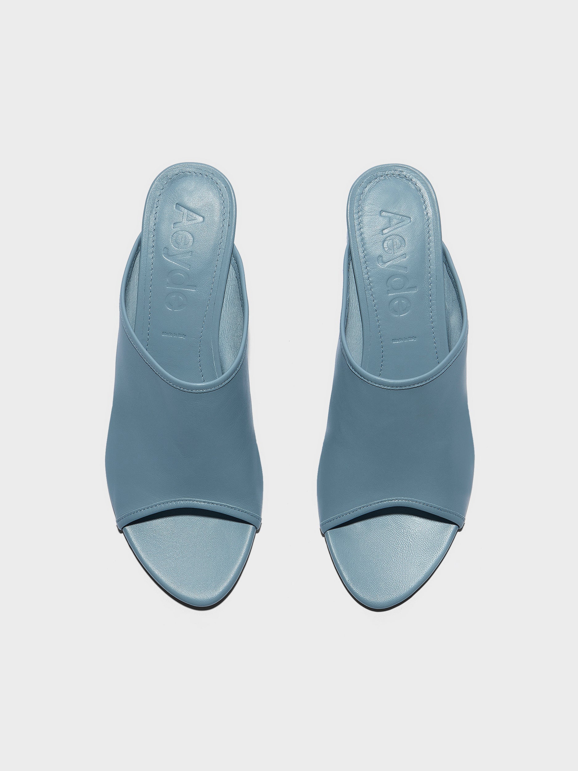 Aeyde | Suzanne Leather Heeled Sandals for Women | Glass Nappa | Round Toe | Mid Heel | Front View