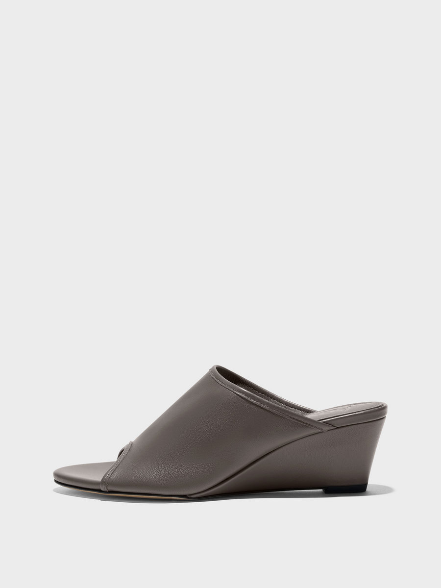 Aeyde | Suzanne Wedge Sandal Leather Heeled Sandals for Women | Taupe Nappa | Round Toe | Mid Heel | Side View