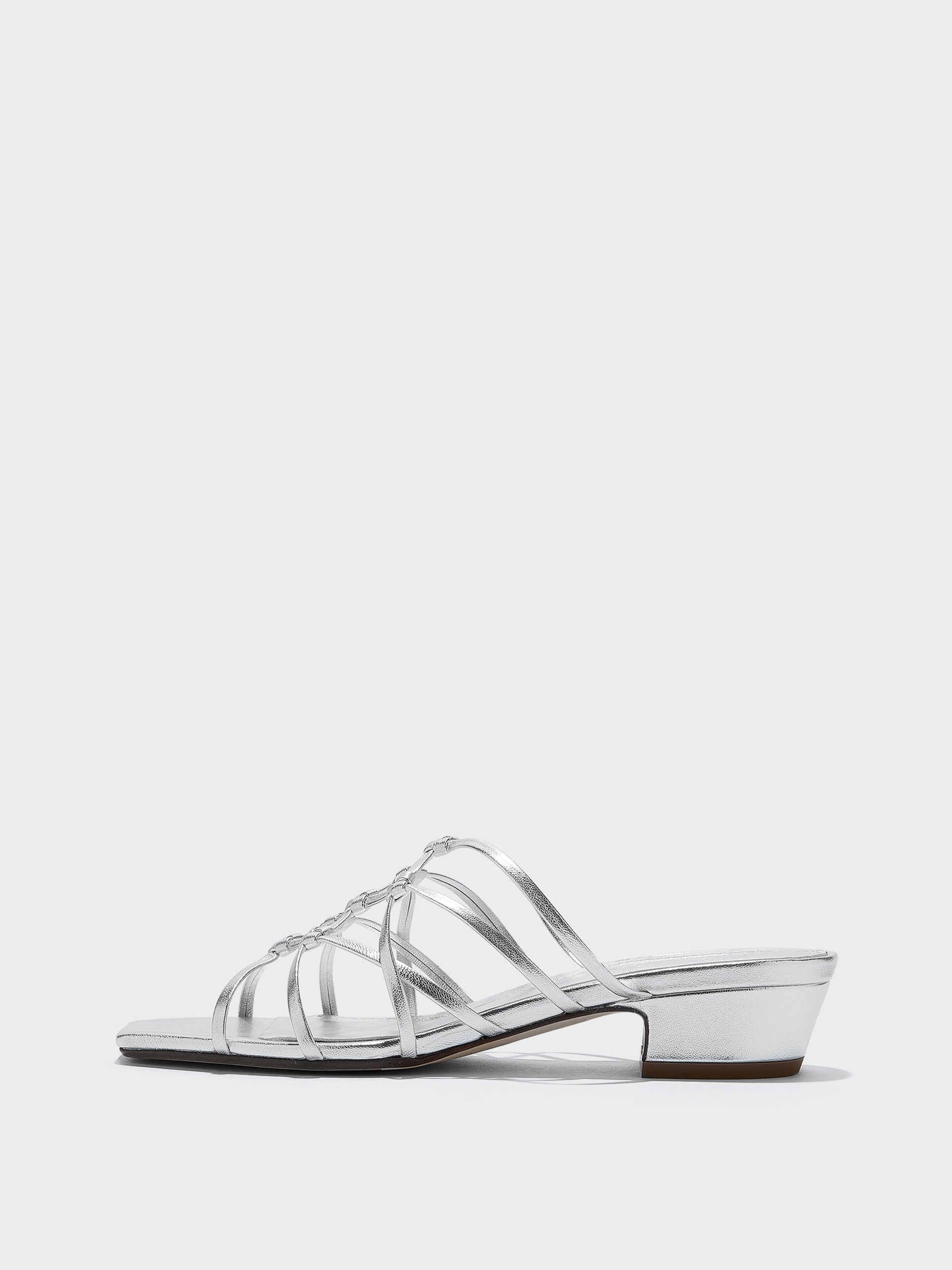 Aeyde | Talha Leather Heeled Sandals for Women | Silver Nappa | Square Toe | Low Heel | Side View