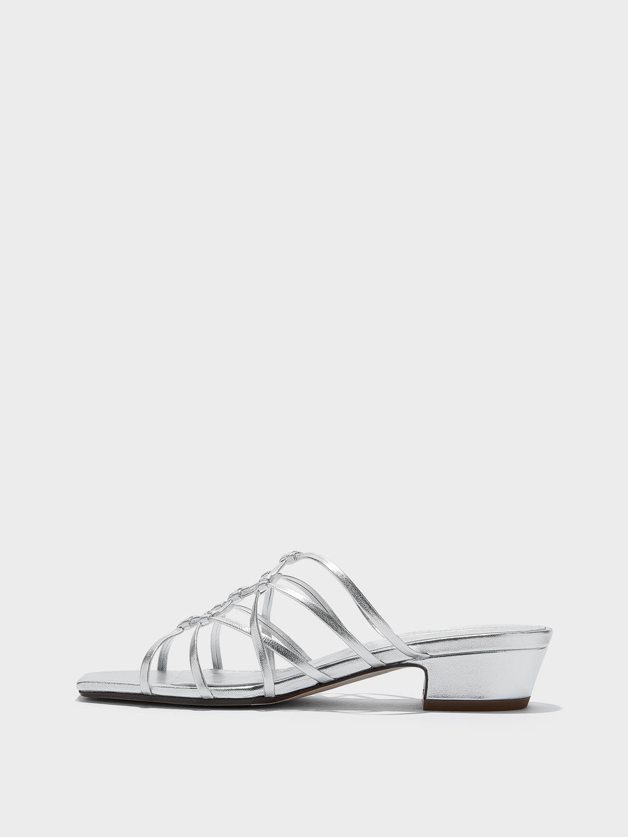 Aeyde | Talha Leather Heeled Sandals for Women | Silver Nappa | Square Toe | Low Heel | Side View