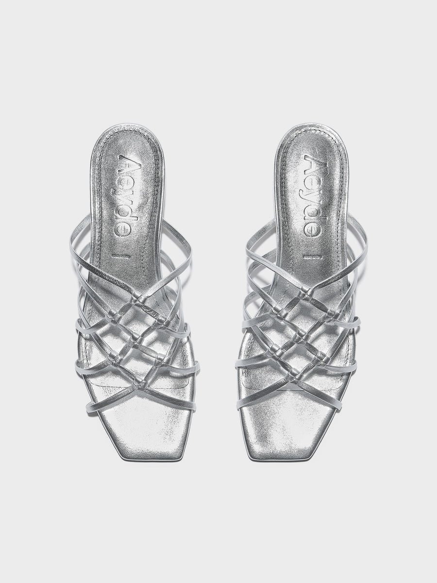 Aeyde | Talha Leather Heeled Sandals for Women | Silver Nappa | Square Toe | Low Heel | Front View