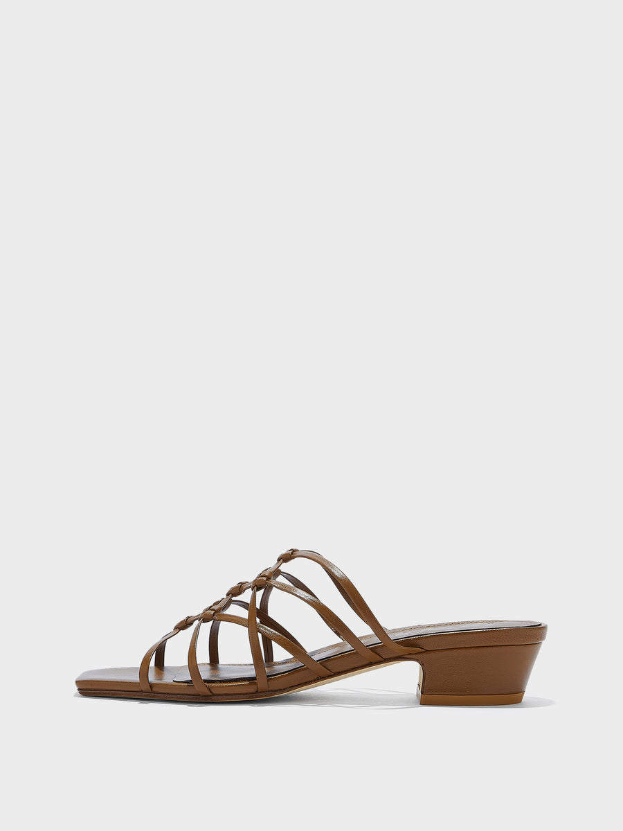 Aeyde | Talha Leather Heeled Sandals for Women | Tobacco Nappa | Square Toe | Low Heel | Side View