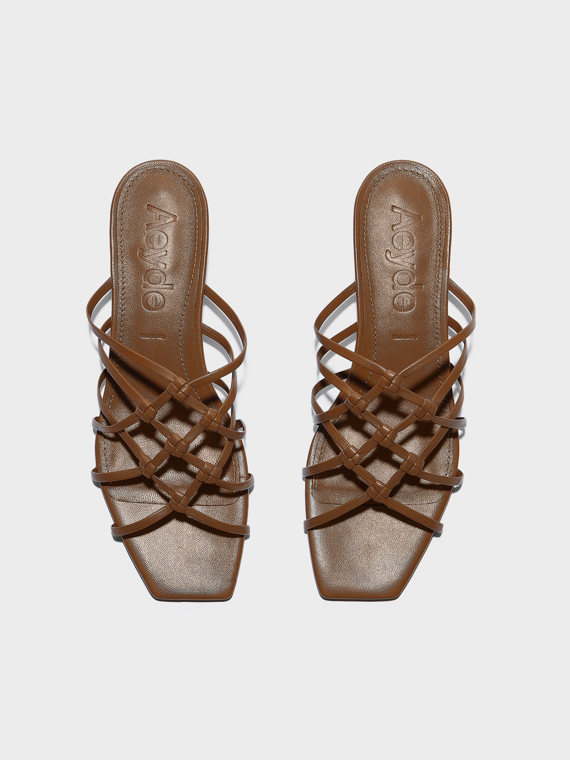 Aeyde | Talha Leather Heeled Sandals for Women | Tobacco Nappa | Square Toe | Low Heel | Front View