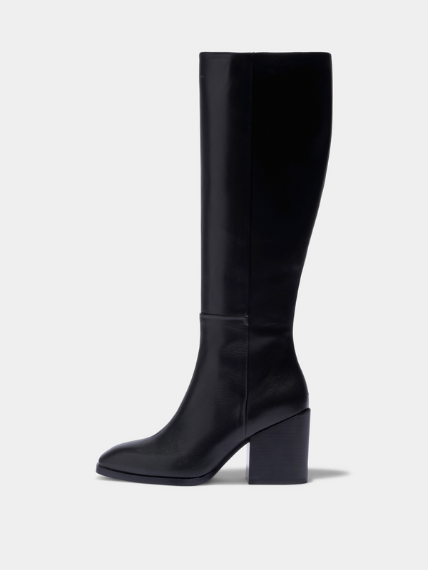 Aeyde | Teresa Leather Knee-High Boots Leather Knee High Boots for Women | Black Calf | Square Toe | High Heel | Side View