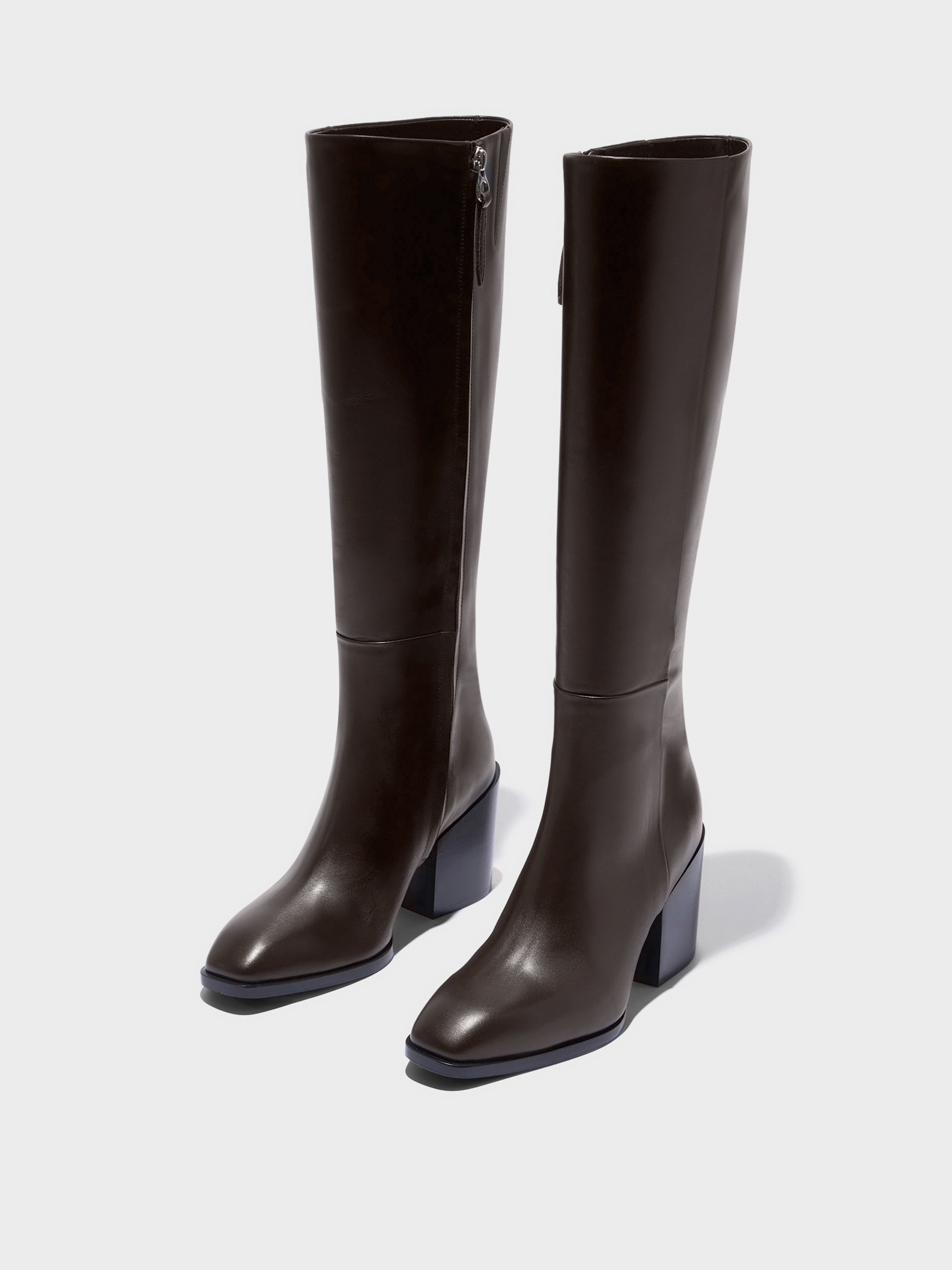 Aeyde | Teresa Leather Knee-High Boots Leather Knee High Boots for Women | Moka Calf | Square Toe | High Heel | Luxury Materials | Handmade in Italy