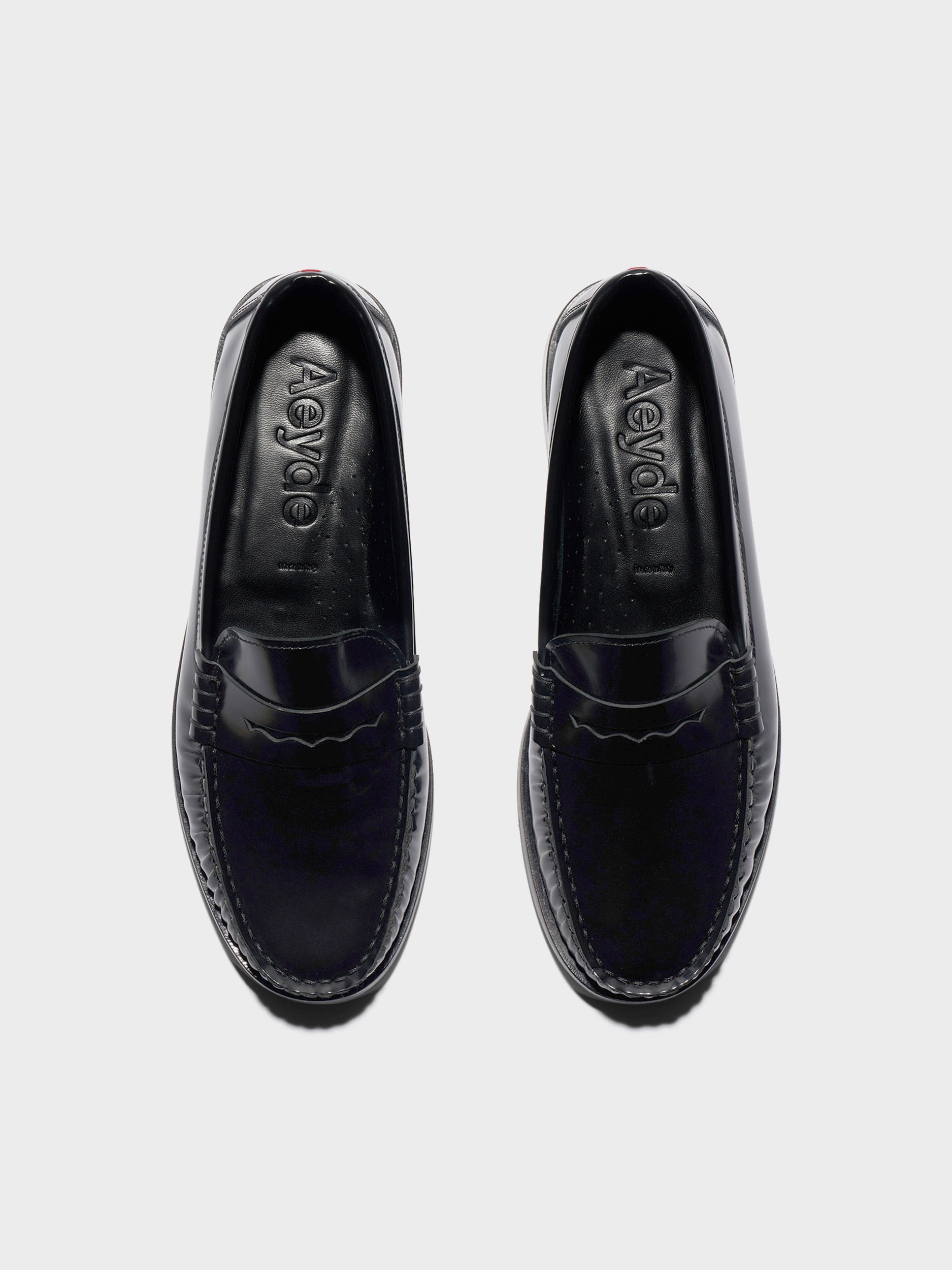 Aeyde | Terry Polido Leather Loafers Leather Flats for Women | Black Polido | Round Toe | Low Heel | Front View