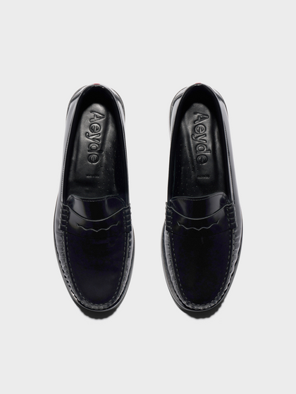 Aeyde | Terry Polido Leather Loafers Leather Flats for Women | Black Polido | Round Toe | Low Heel | Front View