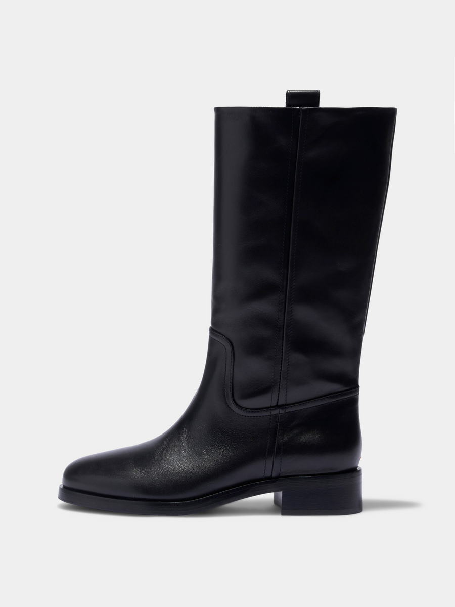 Aeyde | Theo Knee-High Boots Leather Knee High Boots for Women | Black Calf | Round Toe | Low Heel | Side View