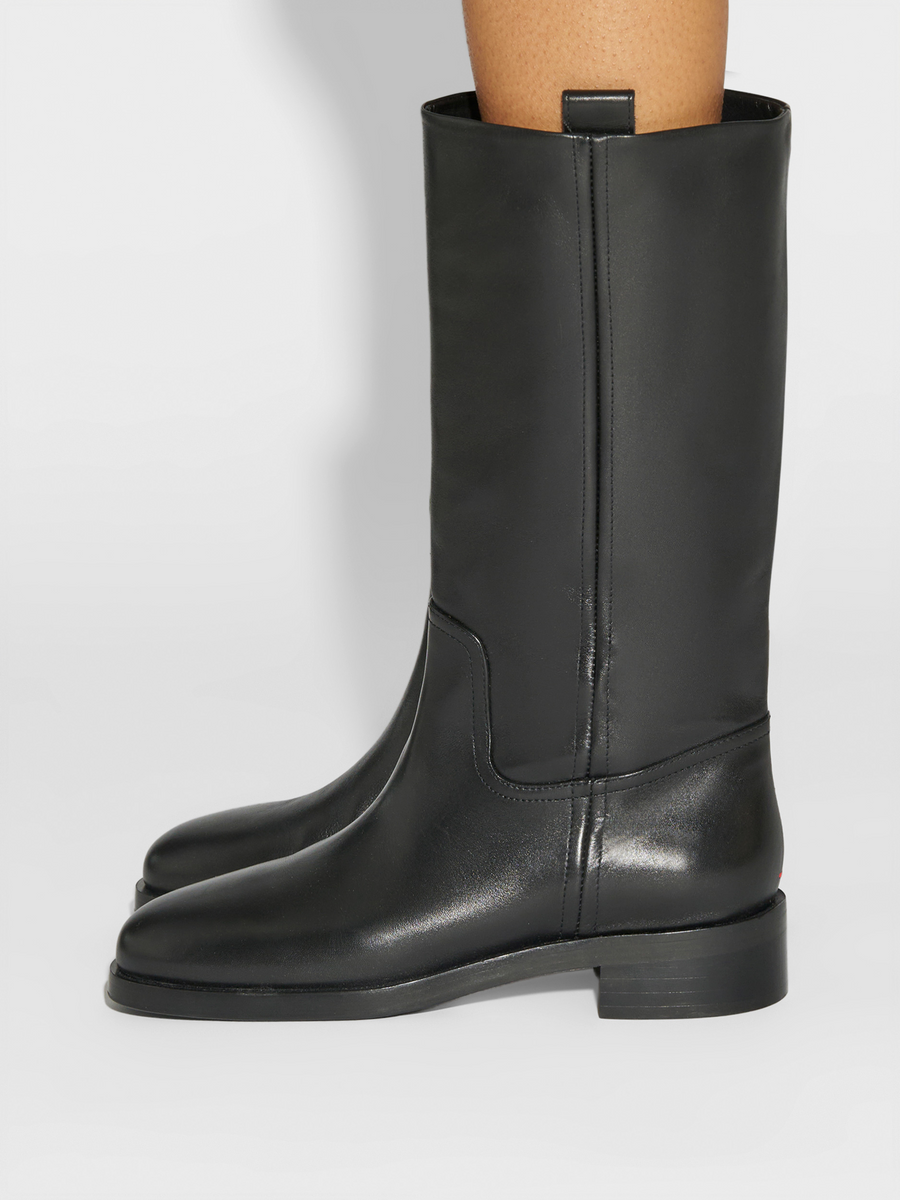 Aeyde | Theo Knee-High Boots Leather Knee High Boots for Women | Black Calf | Round Toe | Low Heel | How to Style