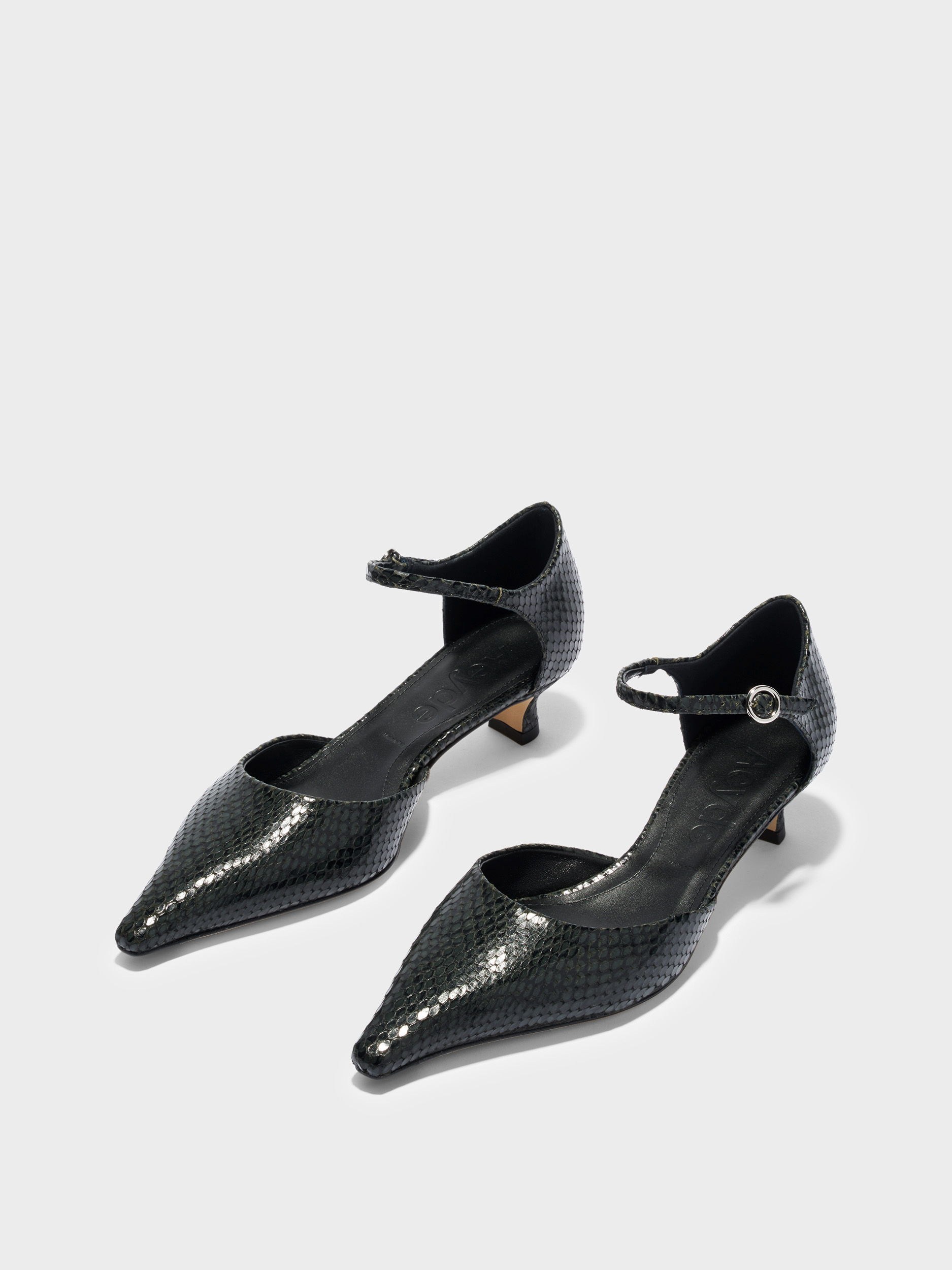 Aeyde | Tillie Ankle Strap Pumps Leather Pumps for Women | Moss Mini Snake | Pointed Toe | Low Heel | Luxury Materials | Handmade in Italy
