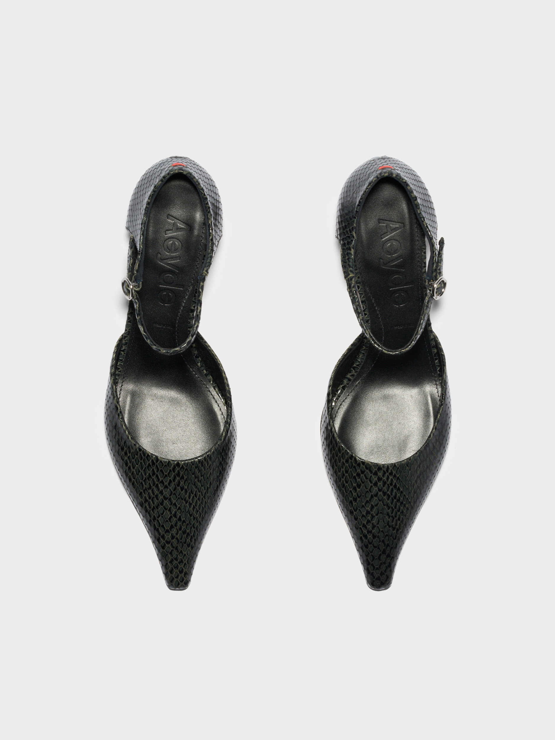 Aeyde | Tillie Ankle Strap Pumps Leather Pumps for Women | Moss Mini Snake | Pointed Toe | Low Heel | Front View