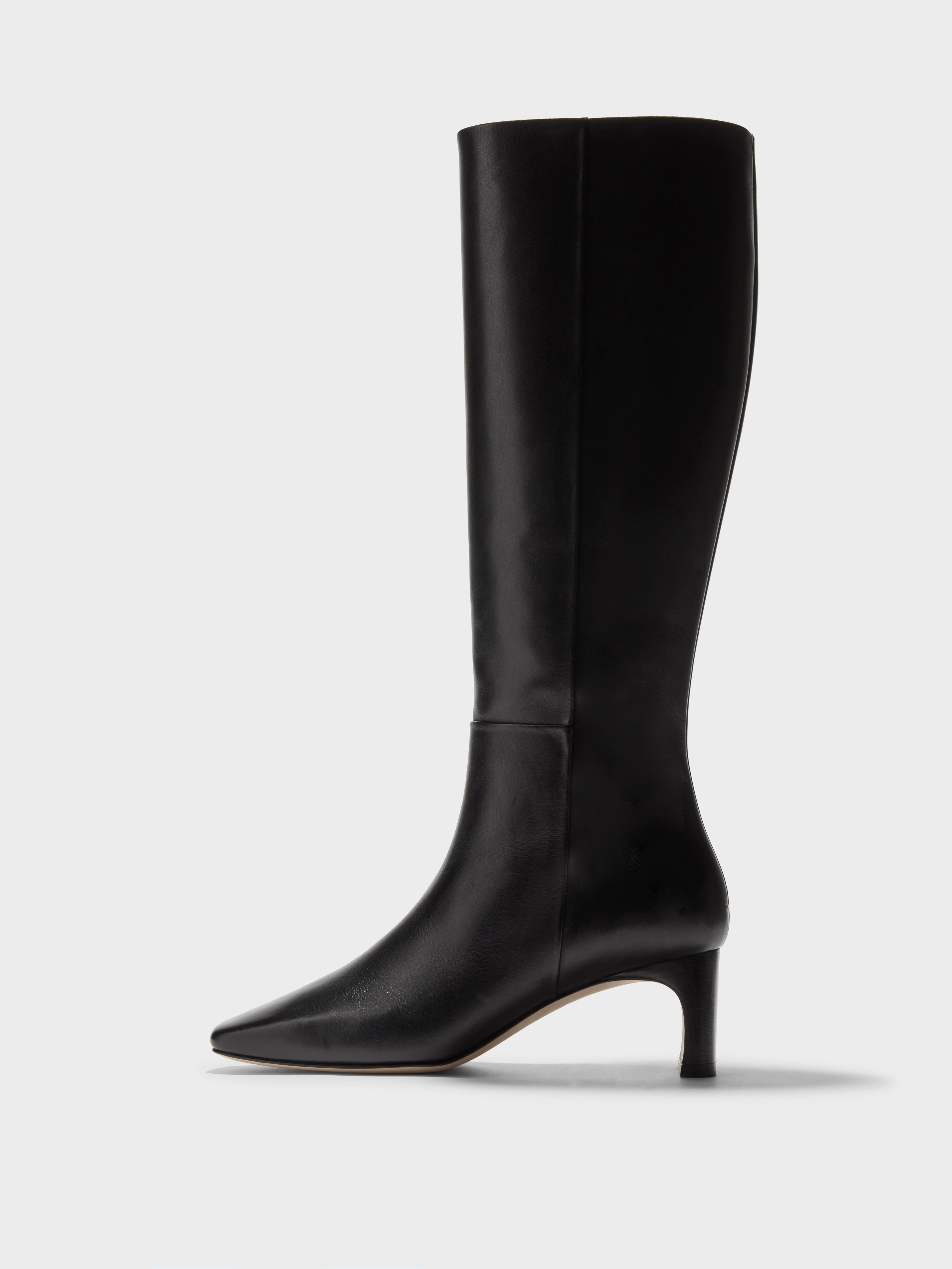 Aeyde | Torin Leather Knee-High Boots Leather Knee High Boots for Women | Black Calf | Square Toe | Mid Heel | Side View