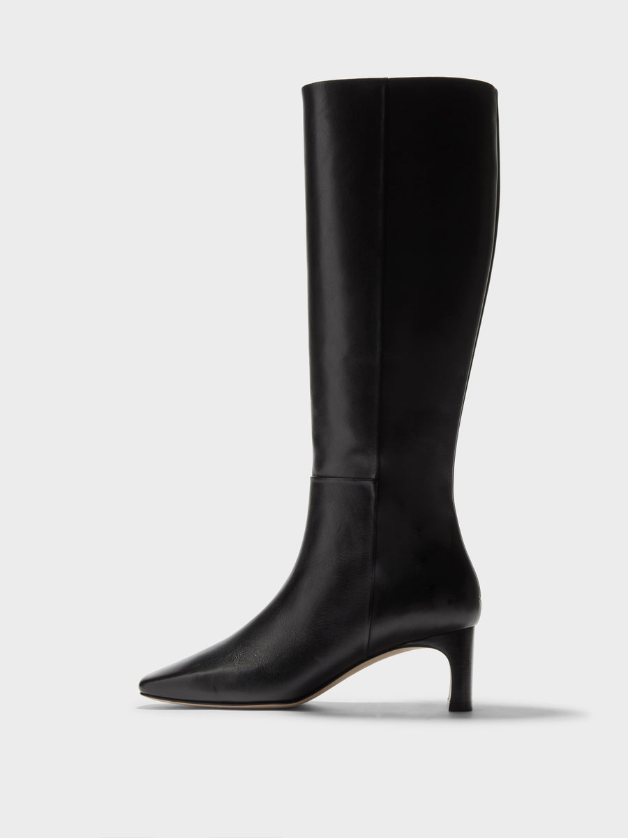 Aeyde | Torin Leather Knee-High Boots Leather Knee High Boots for Women | Black Calf | Square Toe | Mid Heel | Side View