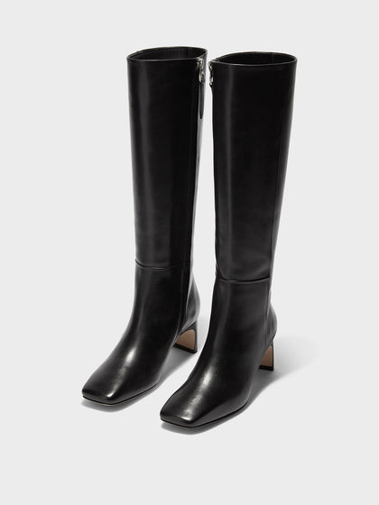 Aeyde | Torin Leather Knee-High Boots Leather Knee High Boots for Women | Black Calf | Square Toe | Mid Heel | On Feet