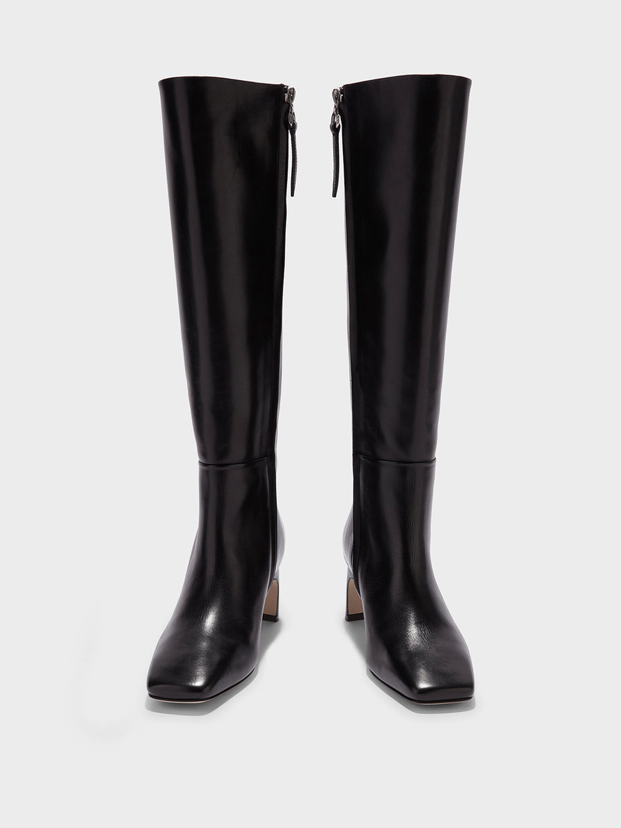 Aeyde | Torin Leather Knee-High Boots Leather Knee High Boots for Women | Black Calf | Square Toe | Mid Heel | Front View