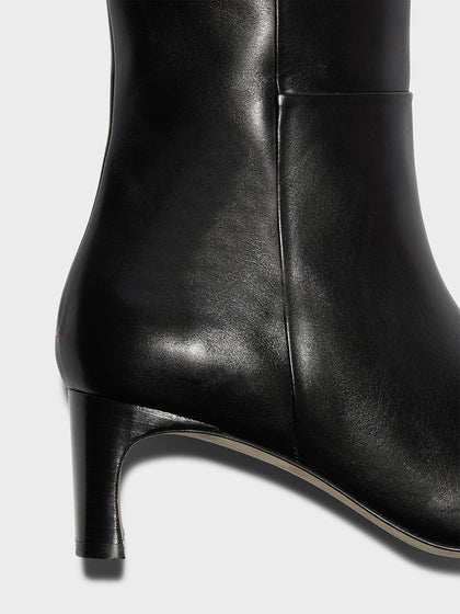 Aeyde | Torin Leather Knee-High Boots Leather Knee High Boots for Women | Black Calf | Square Toe | Mid Heel | Heel Details
