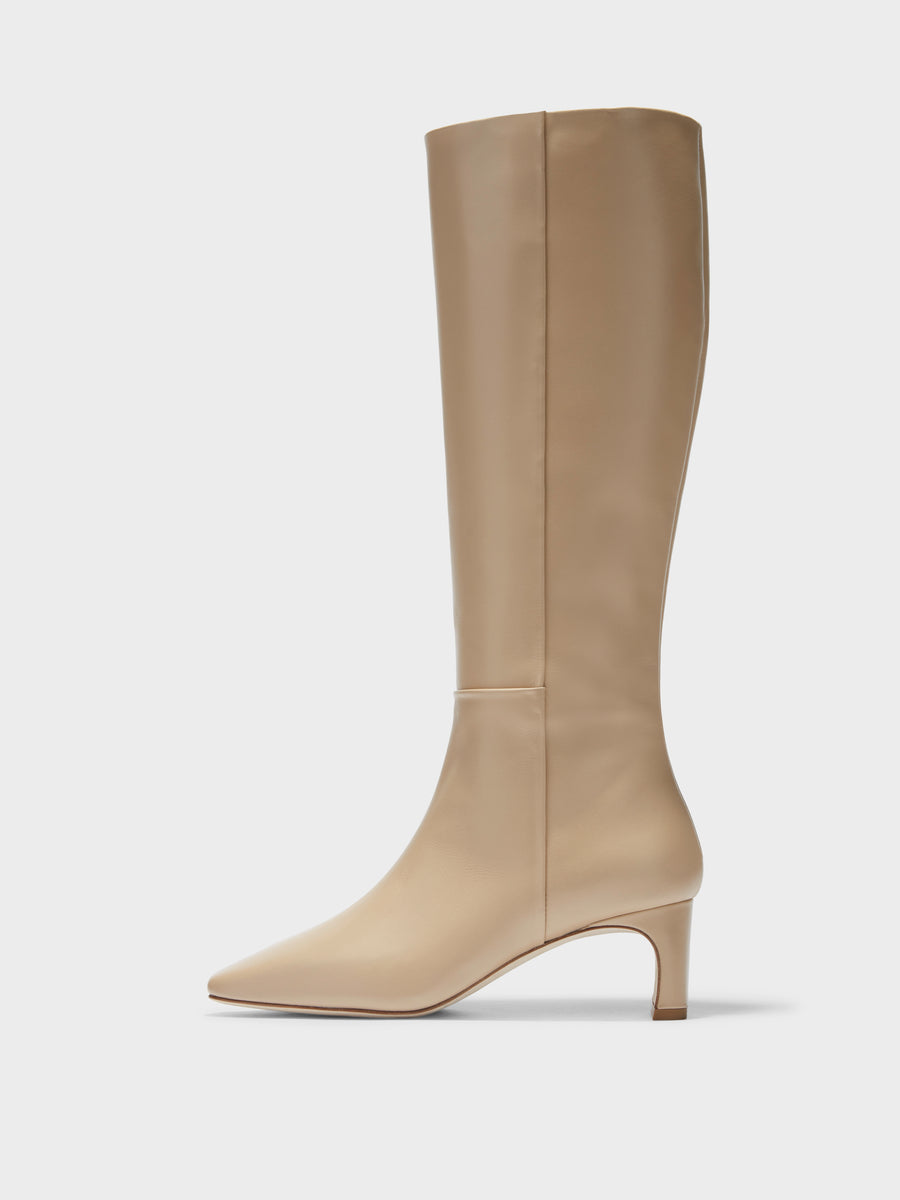 Aeyde | Torin Leather Knee-High Boots Leather Knee High Boots for Women | Latte Calf | Square Toe | Mid Heel | Side View