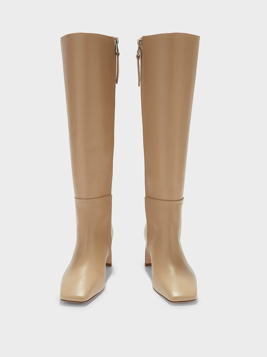 Aeyde | Torin Leather Knee-High Boots Leather Knee High Boots for Women | Latte Calf | Square Toe | Mid Heel | Front View