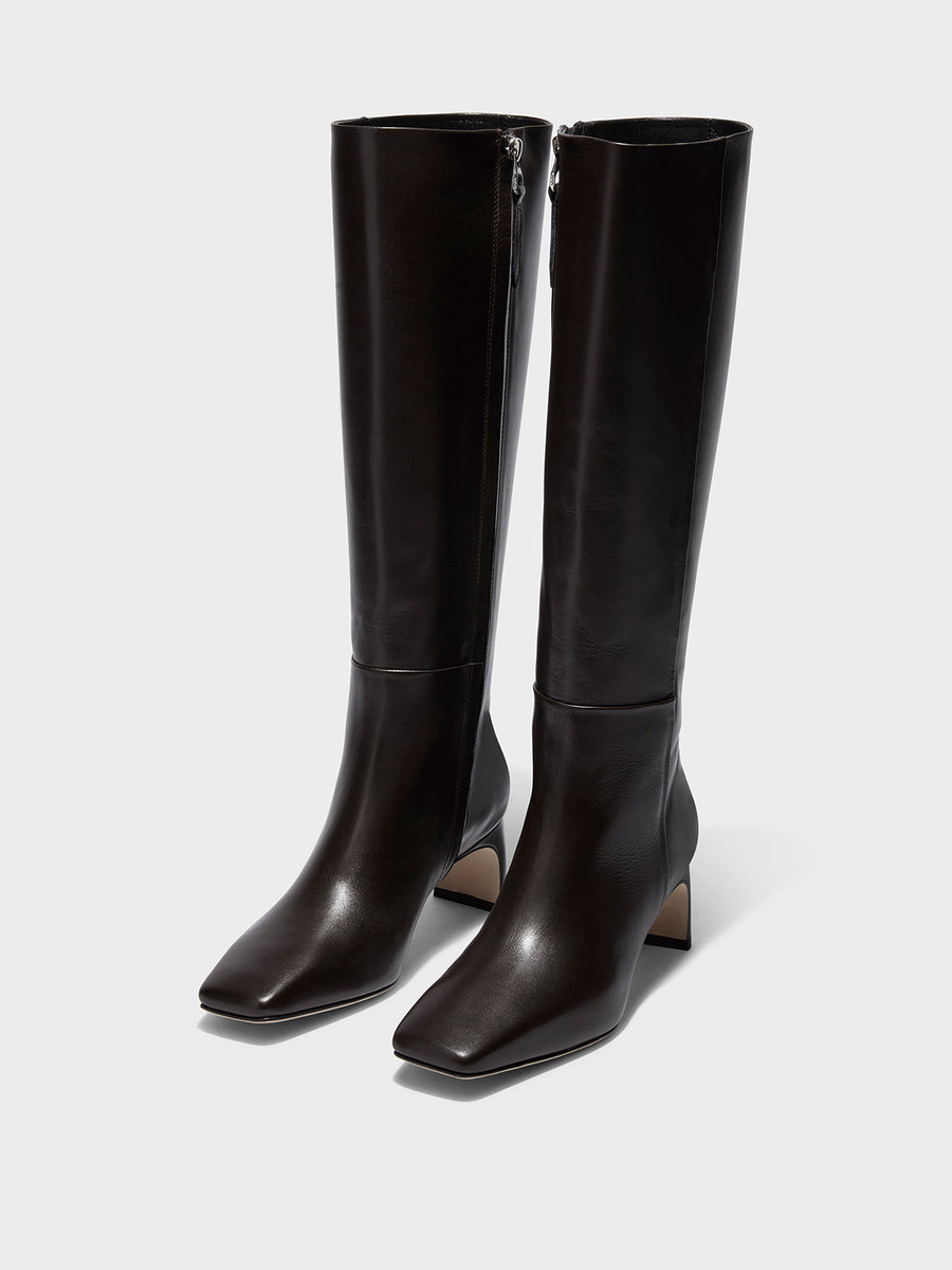 Aeyde | Torin Leather Knee-High Boots Leather Knee High Boots for Women | Moka Calf | Square Toe | Mid Heel | On Feet