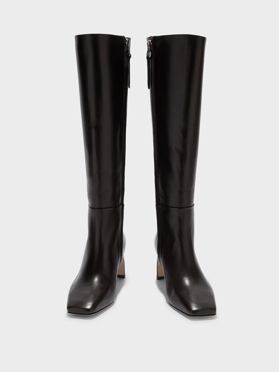 Aeyde | Torin Leather Knee-High Boots Leather Knee High Boots for Women | Moka Calf | Square Toe | Mid Heel | Front View