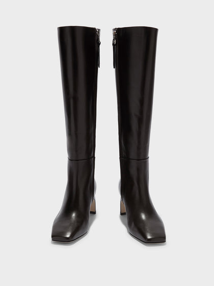 Aeyde | Torin Leather Knee-High Boots Leather Knee High Boots for Women | Moka Calf | Square Toe | Mid Heel | Front View
