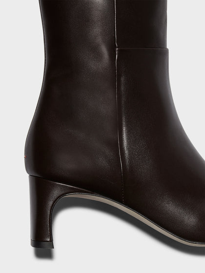 Aeyde | Torin Leather Knee-High Boots Leather Knee High Boots for Women | Moka Calf | Square Toe | Mid Heel | Heel Details