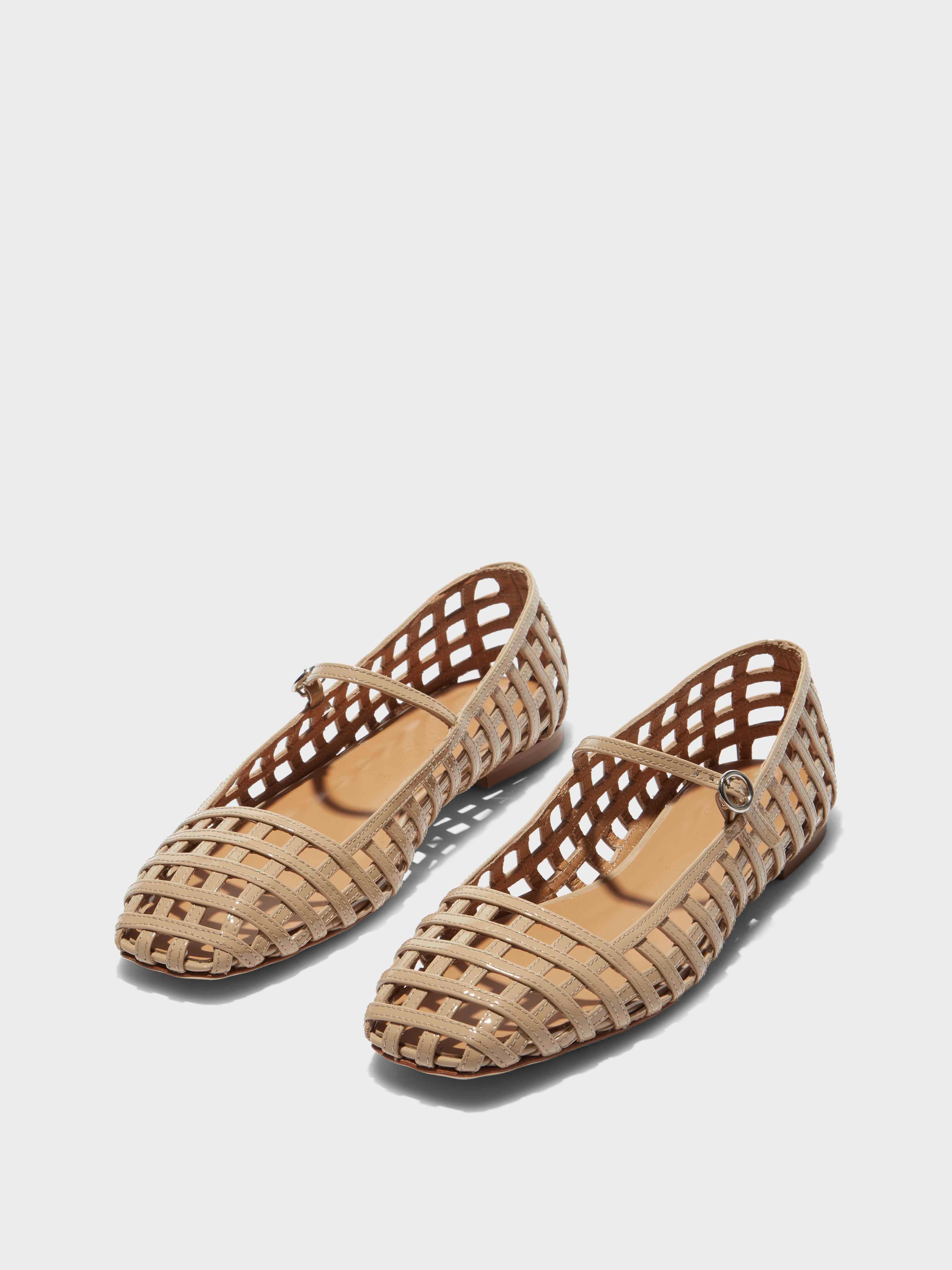 Aeyde | Uma Caged Mary-Jane Flats Leather Flats for Women | Latte Patent | Square Toe | Flat Heel | On Feet