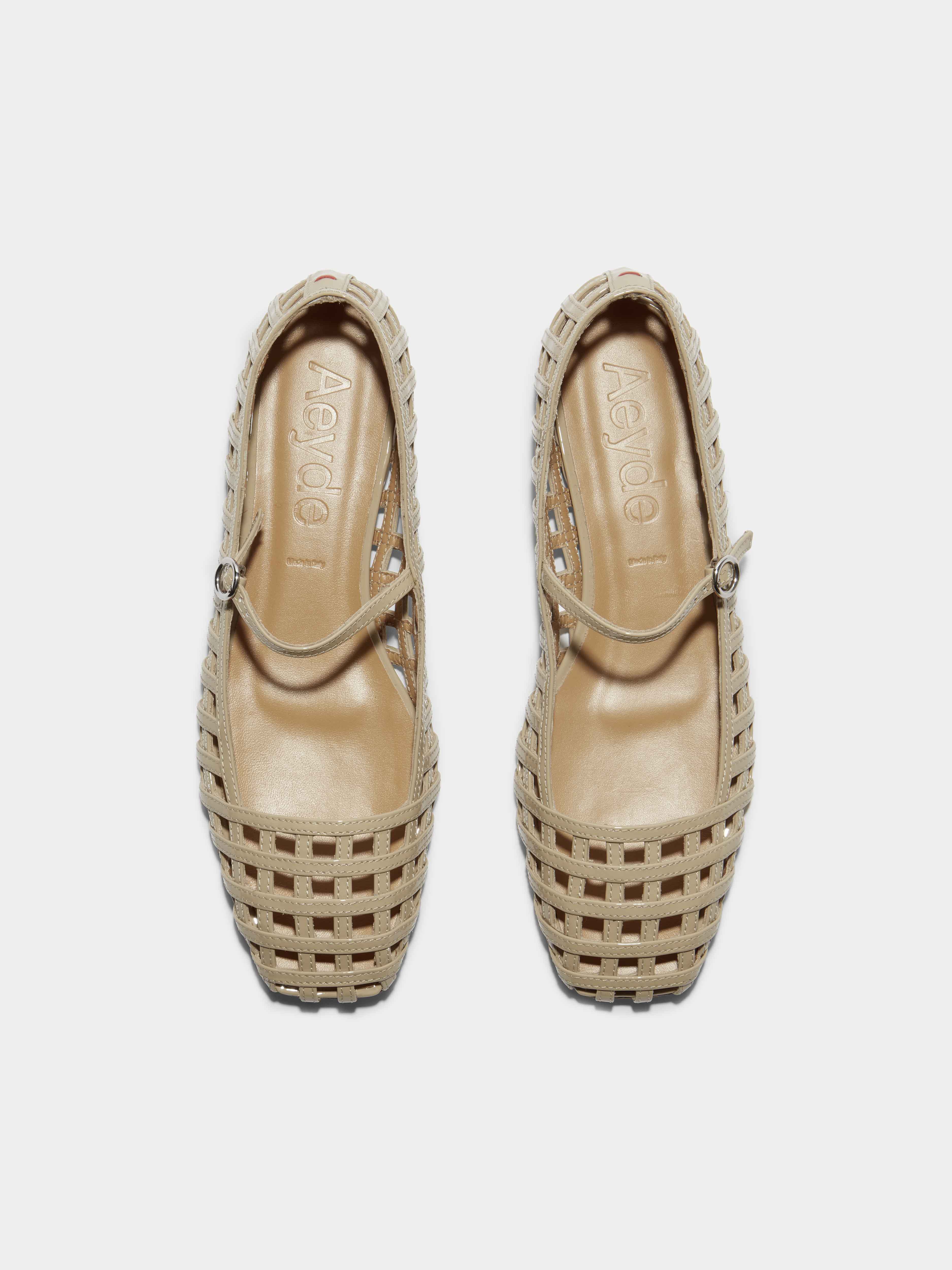 Aeyde | Uma Caged Mary-Jane Flats Leather Flats for Women | Latte Patent | Square Toe | Flat Heel | Front View
