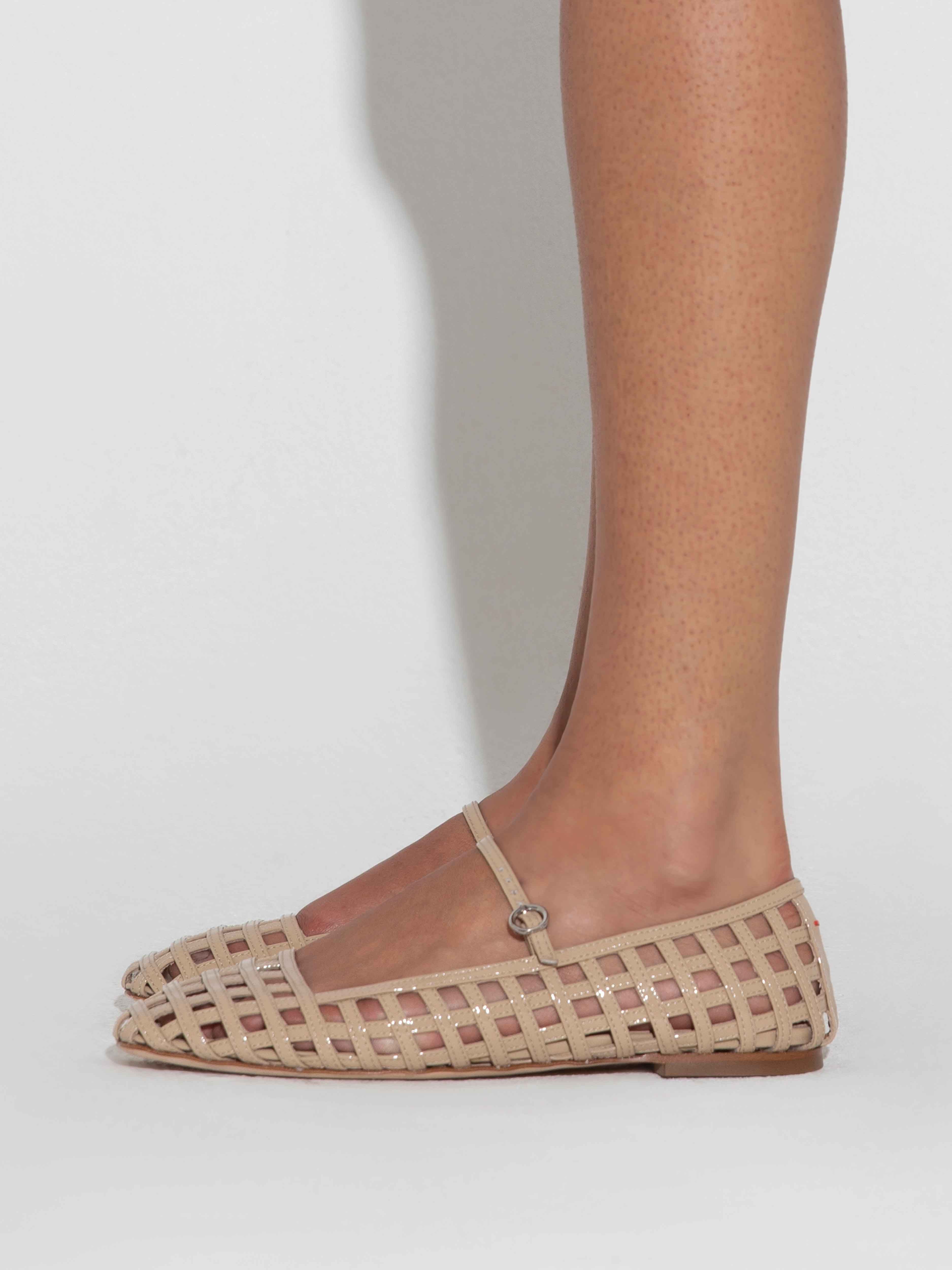 Aeyde | Uma Caged Mary-Jane Flats Leather Flats for Women | Latte Patent | Square Toe | Flat Heel | How to Style