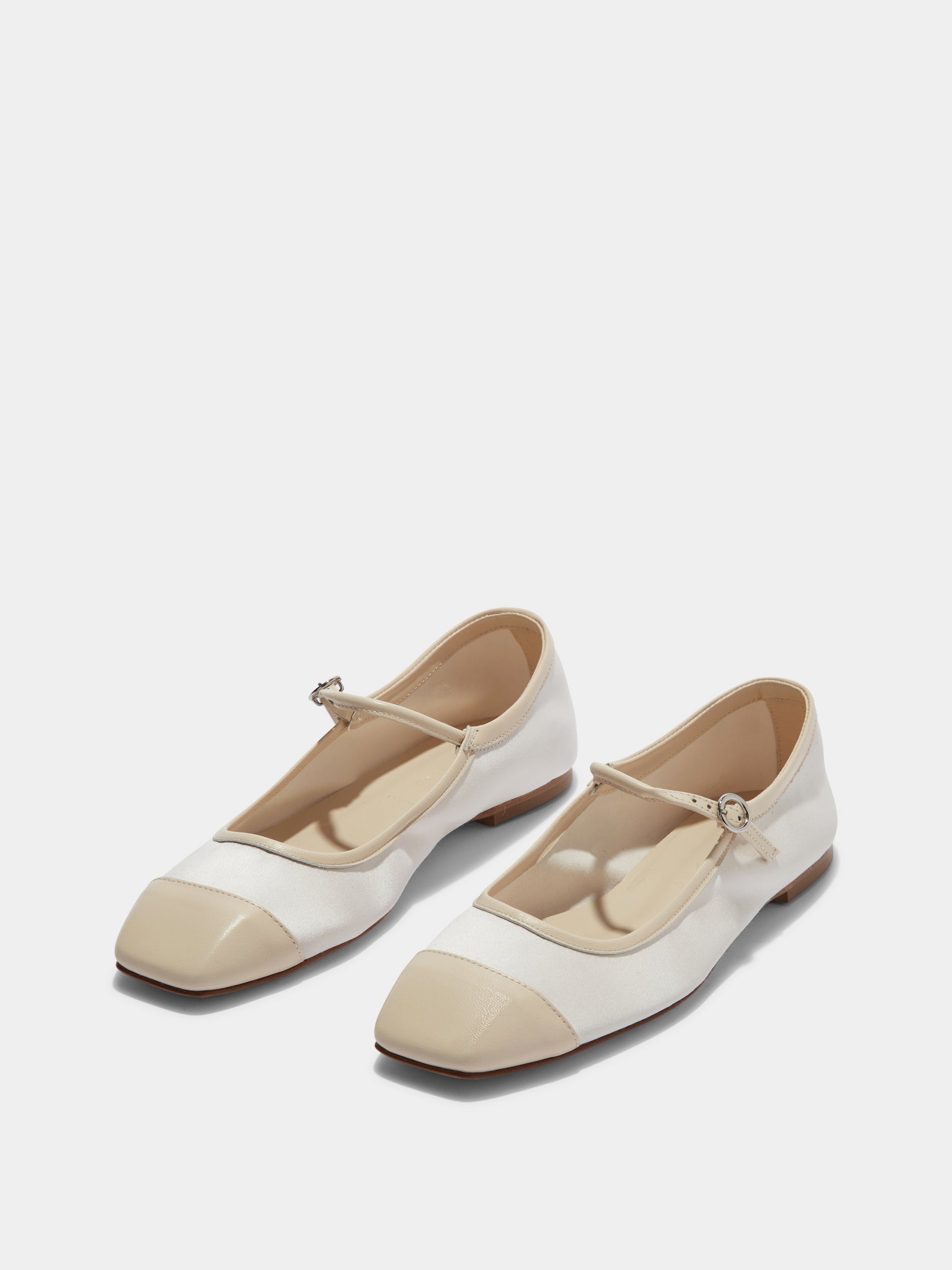 Aeyde | Uma Satin Toe-Cap Mary-Jane Flats Leather Flats for Women | Creamy Satin/Nappa | Square Toe | Flat Heel | On Feet