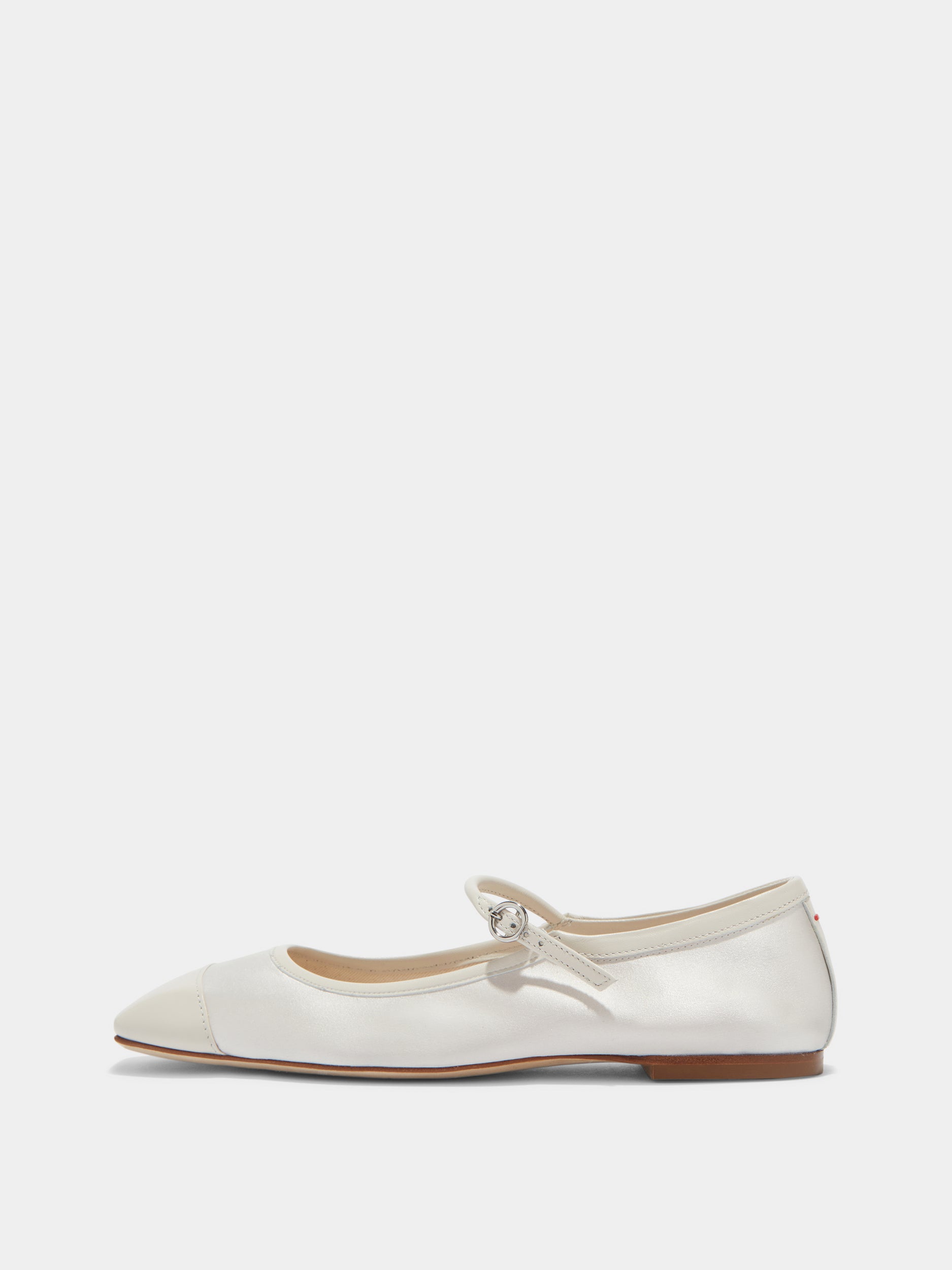 Aeyde | Uma Satin Toe-Cap Mary-Jane Flats Leather Flats for Women | Creamy Satin/Nappa | Square Toe | Flat Heel | Side View