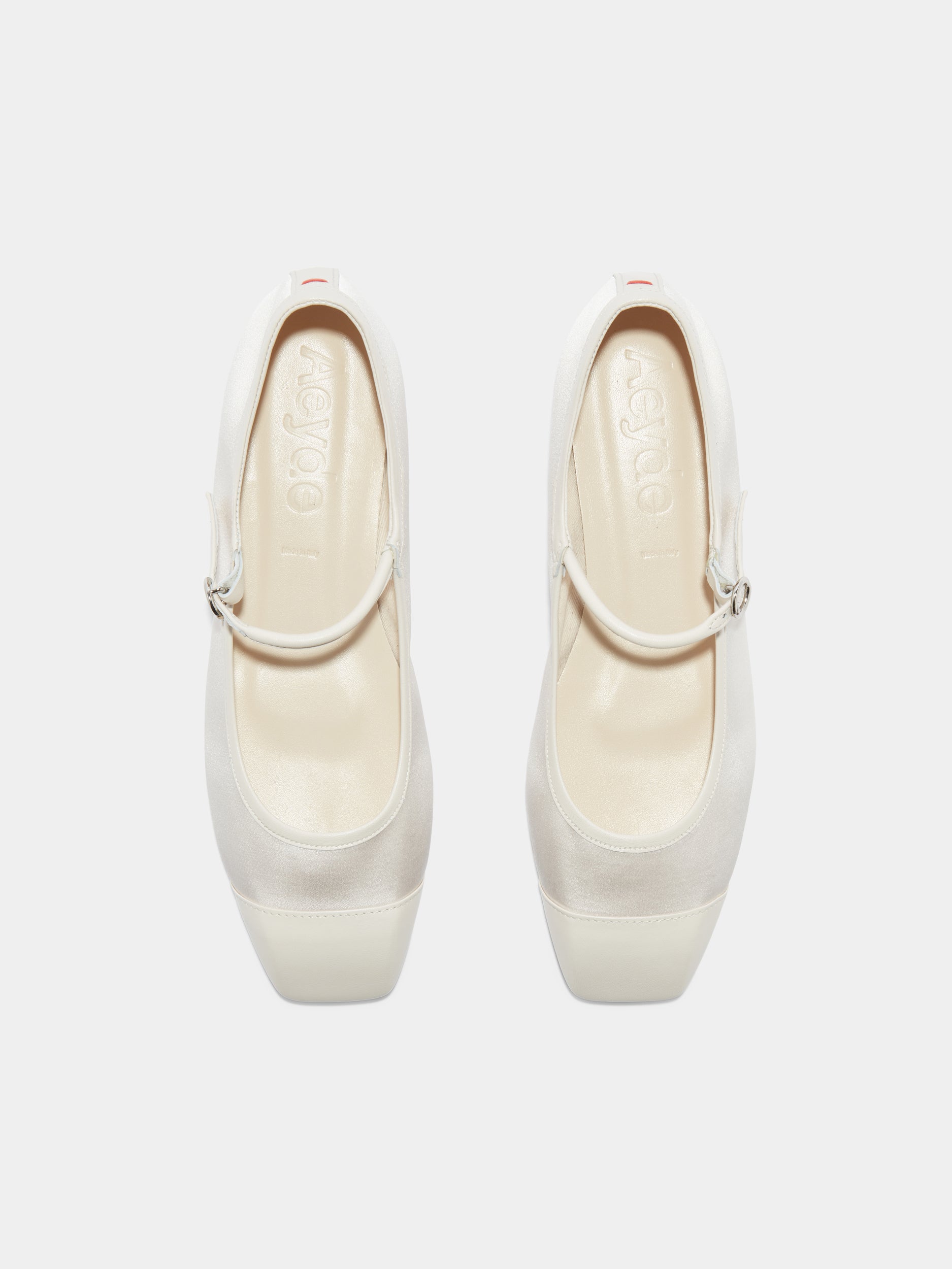 Aeyde | Uma Satin Toe-Cap Mary-Jane Flats Leather Flats for Women | Creamy Satin/Nappa | Square Toe | Flat Heel | Front View