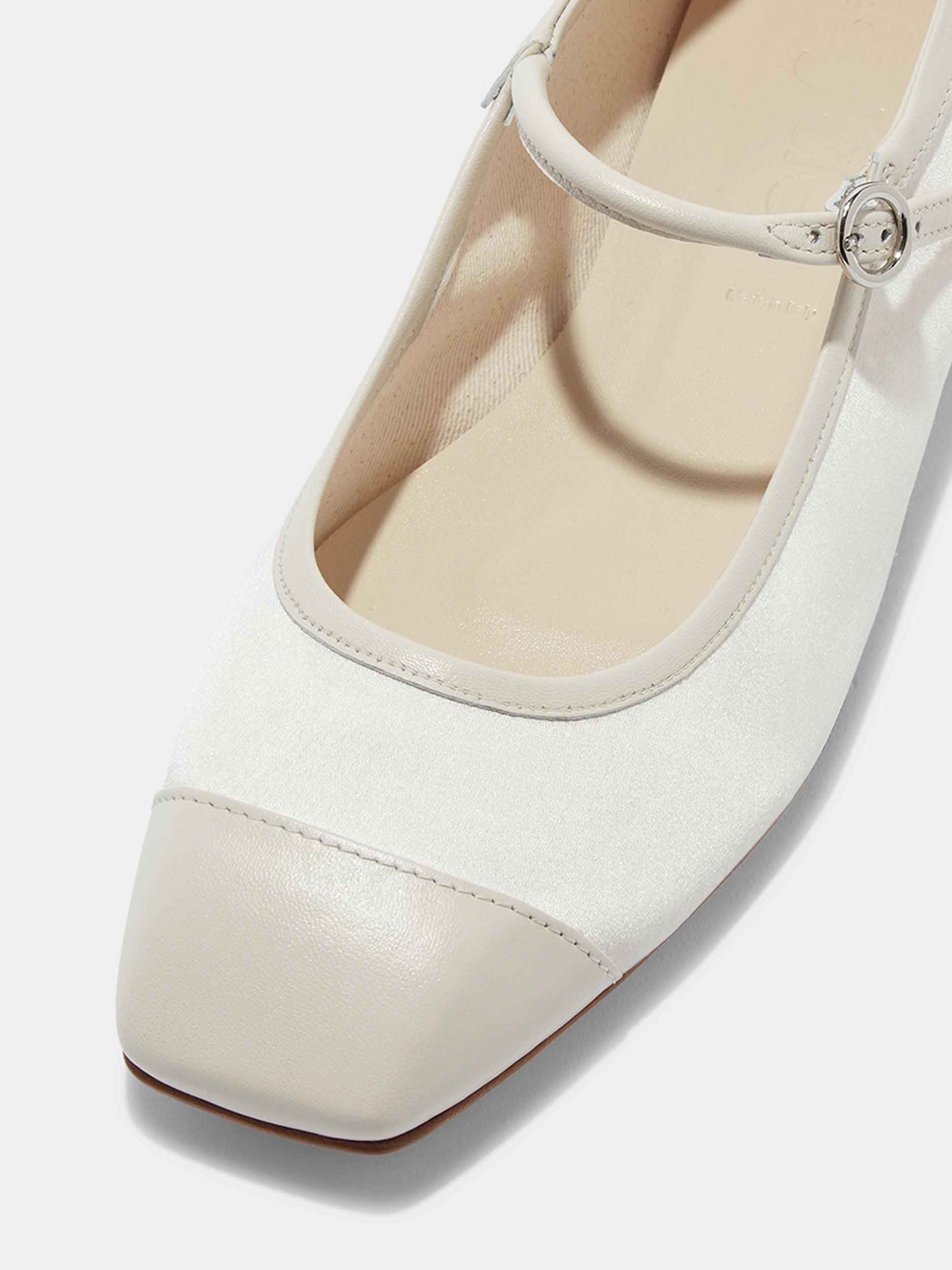 Aeyde | Uma Satin Toe-Cap Mary-Jane Flats Leather Flats for Women | Creamy Satin/Nappa | Square Toe | Flat Heel | Luxury Materials | Handmade in Italy