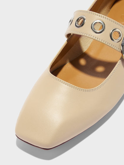 Aeyde | Uma Leather Flats for Women | Sand Nappa | Square Toe | Flat Heel | Heel Details