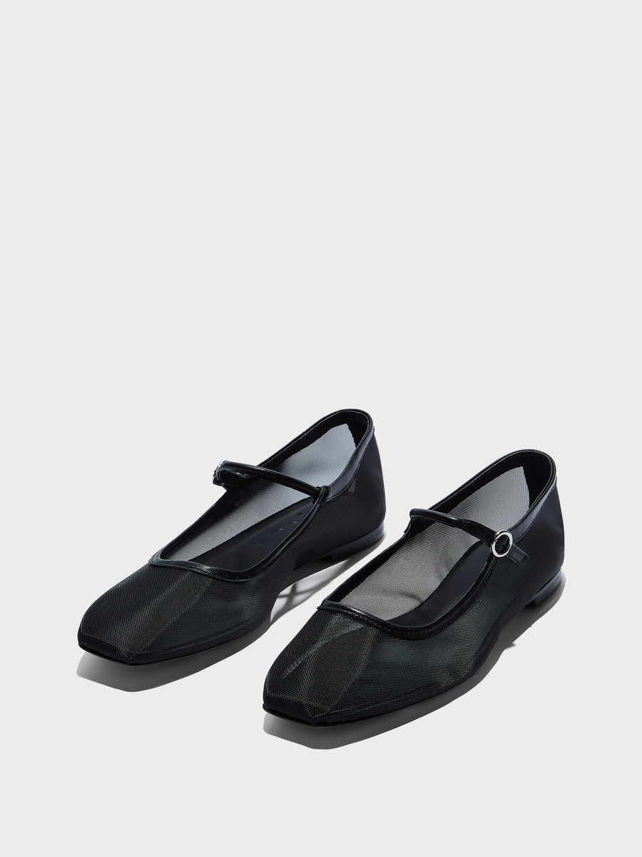 Aeyde | Uma Leather Flats for Women | Black Mesh/Nappa | Square Toe | Flat Heel | Luxury Materials | Handmade in Italy