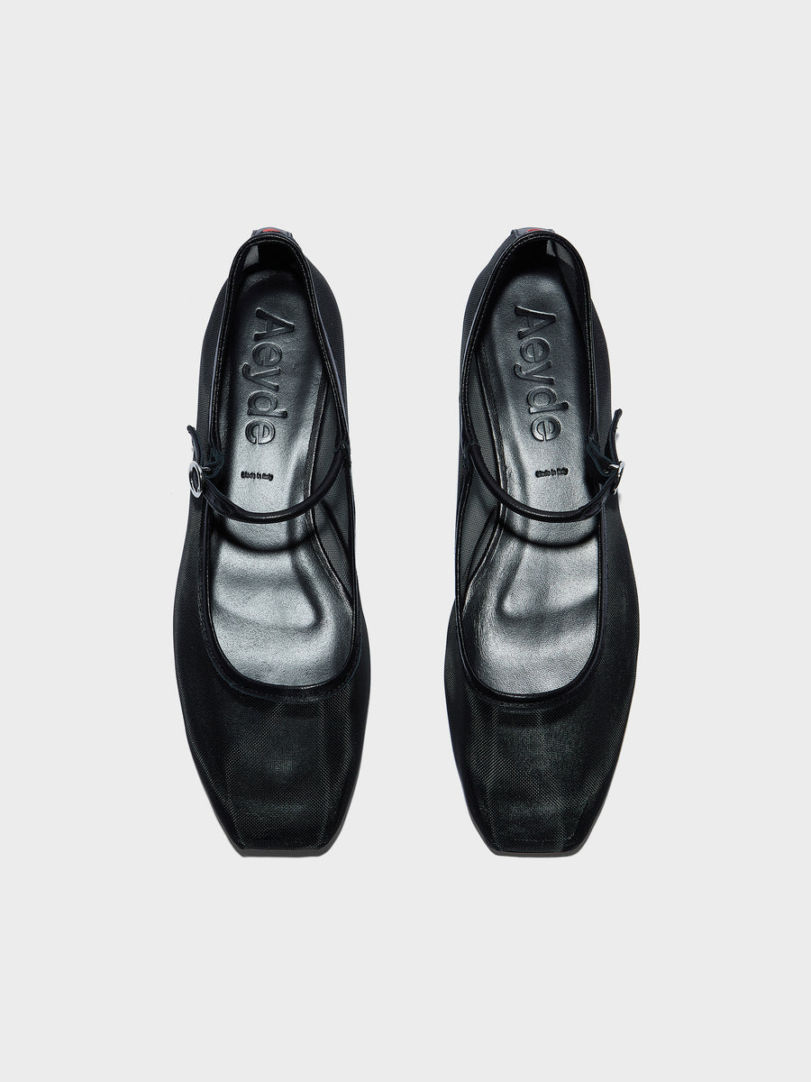 Aeyde | Uma Leather Flats for Women | Black Mesh/Nappa | Square Toe | Flat Heel | Front View