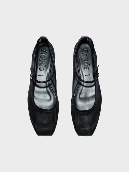 Aeyde | Uma Leather Flats for Women | Black Mesh/Nappa | Square Toe | Flat Heel | Front View