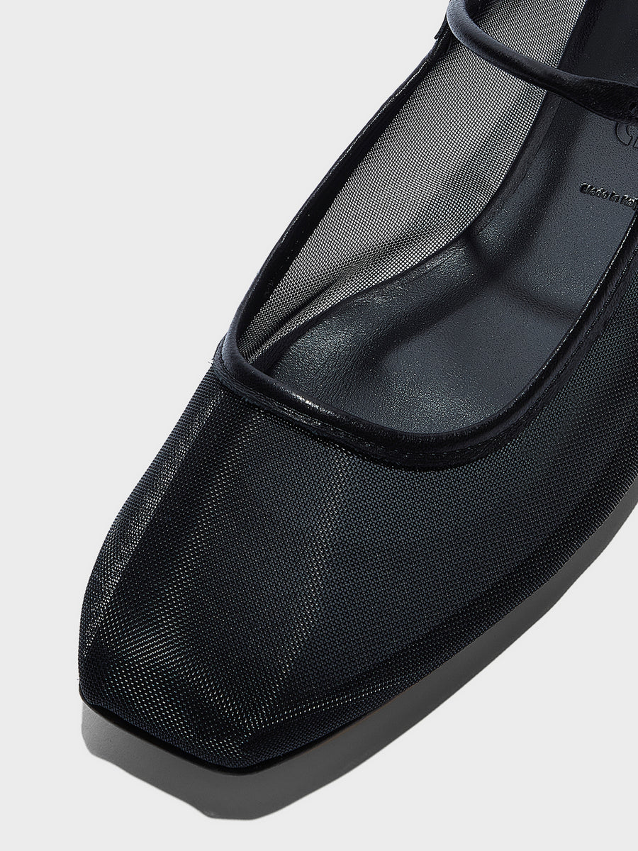 Aeyde | Uma Leather Flats for Women | Black Mesh/Nappa | Square Toe | Flat Heel | Heel Details
